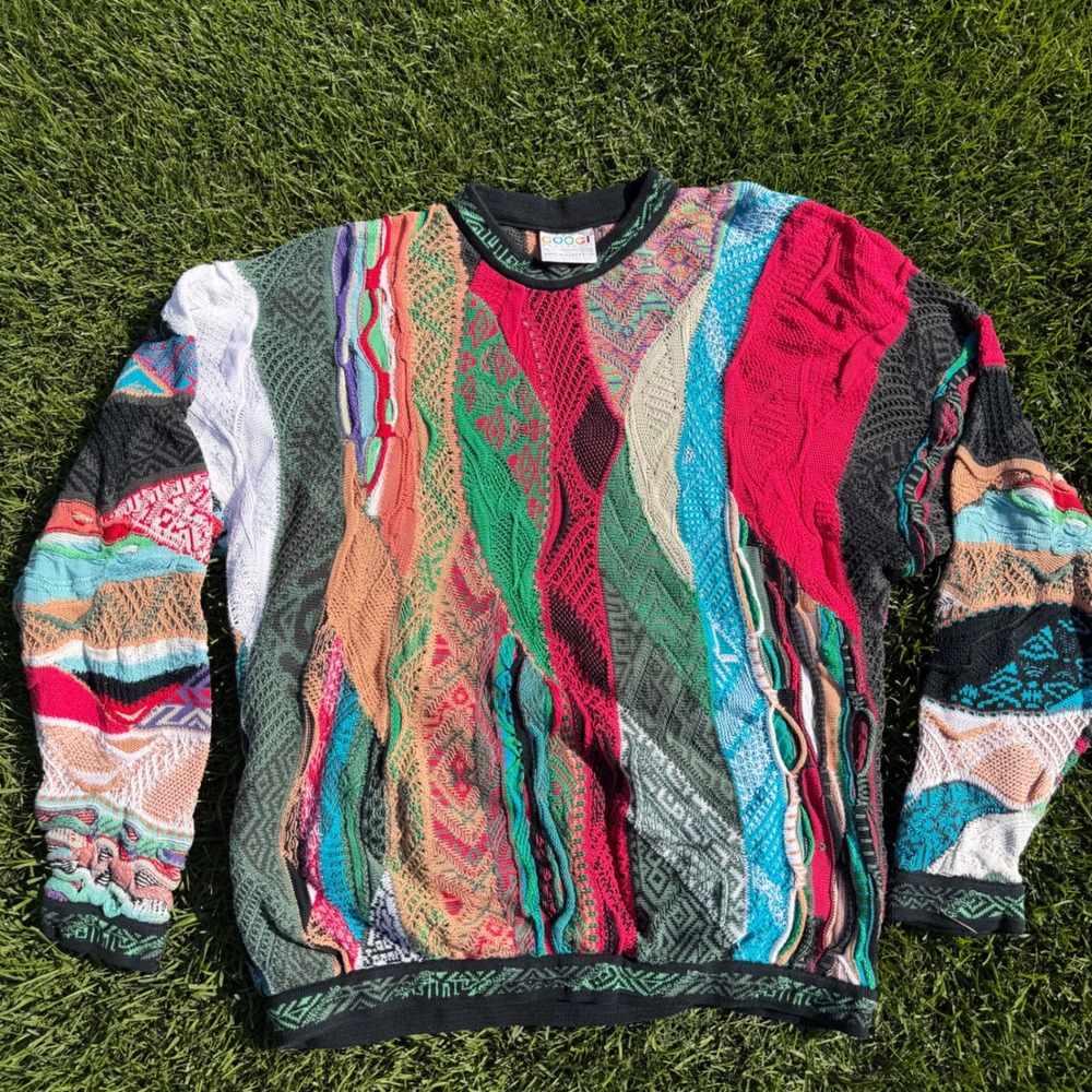 A+ Vintage Coogi Australia Multi Color‎ 3D Textured Knit Cotton Sweater Mens XL